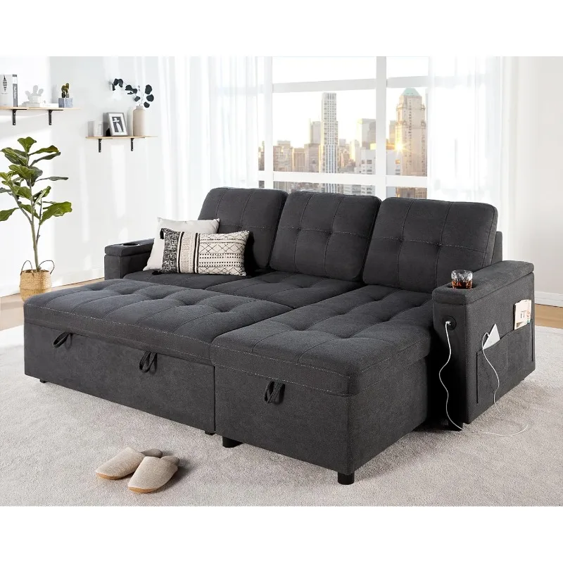 

Sofa Bed, Sleeper Sofa with USB Charging Ports, L-Shaped Couch with Storage, Pull out Couch for Living Room, Grey Linen