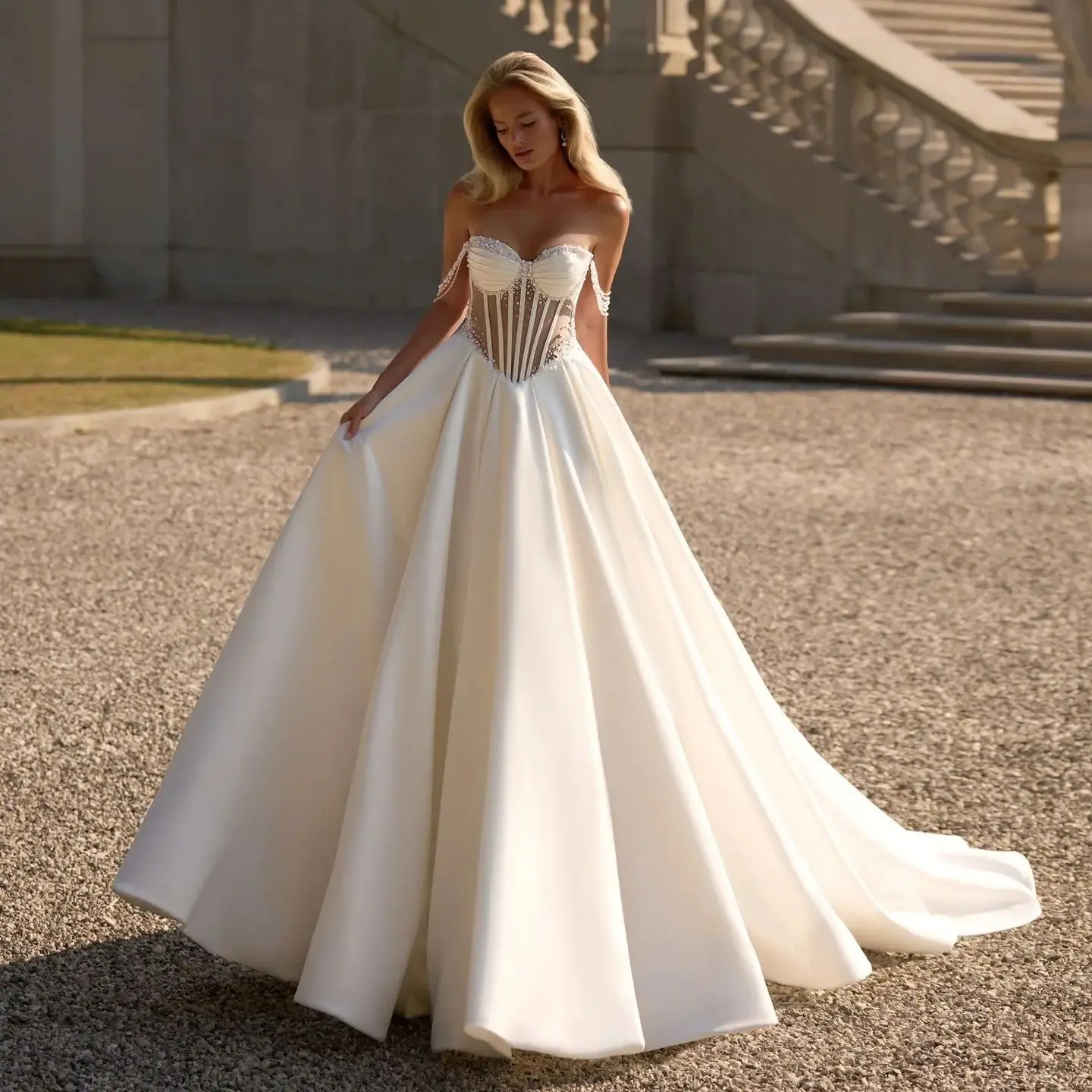 

Simple Ball Gown Wedding Dresses Sweetheart Pearl Sheer Lace Bridal Gown Sexy Backless Court Train Vestido De Noiva Customized