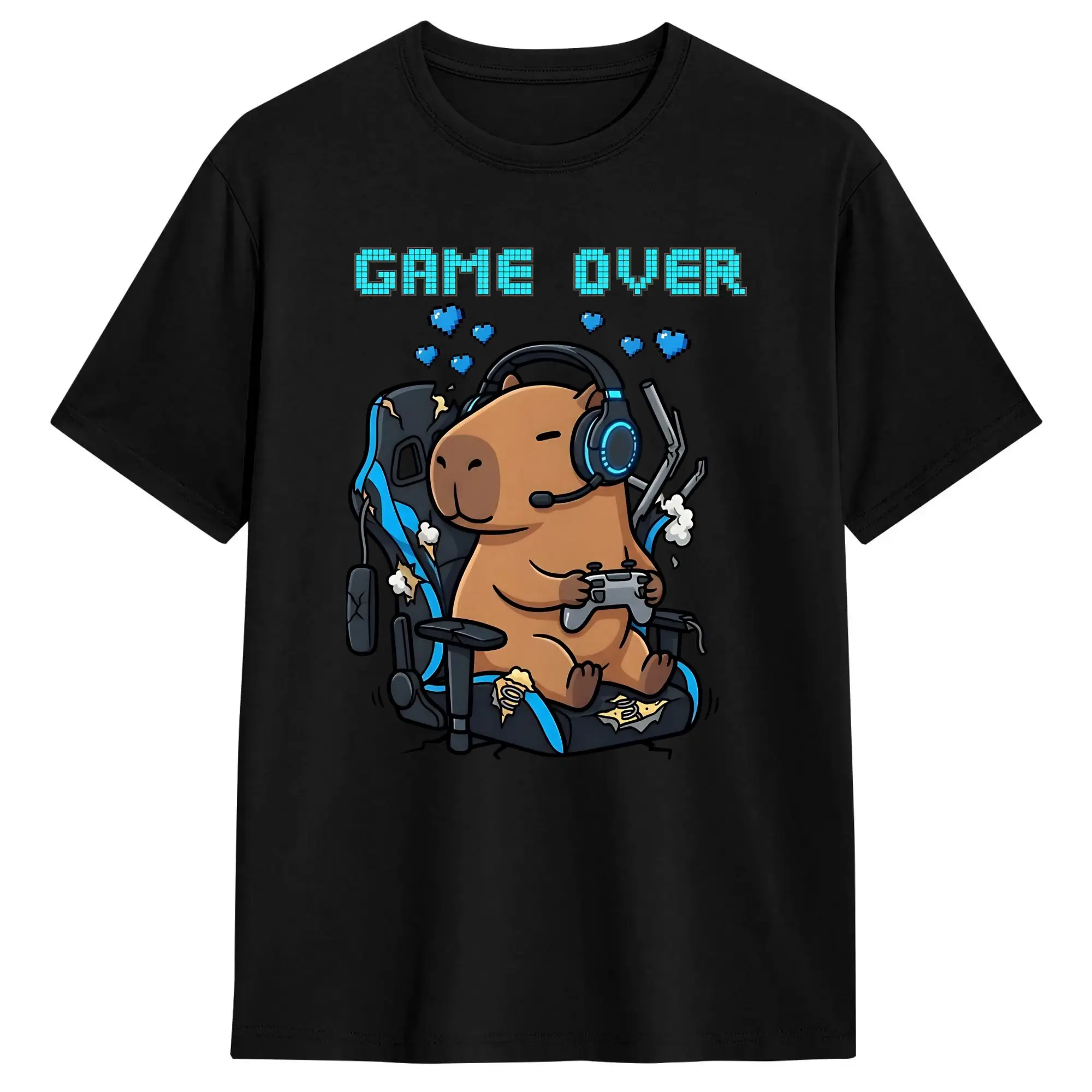 Capybara Funny Gamer Rage Broken Chair Meme T-Shirt for Men 100% Cotton Tee Shirt Round Collar Short Sleeve T Shirts Clothes