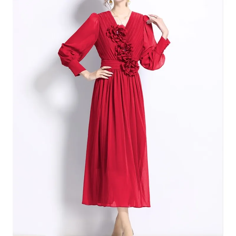 Vintage V-neck Basics Long Lantern Sleeve Elegant Three-dimensional Floral Slim Dress French Fashion High Street Autumn Clothing
