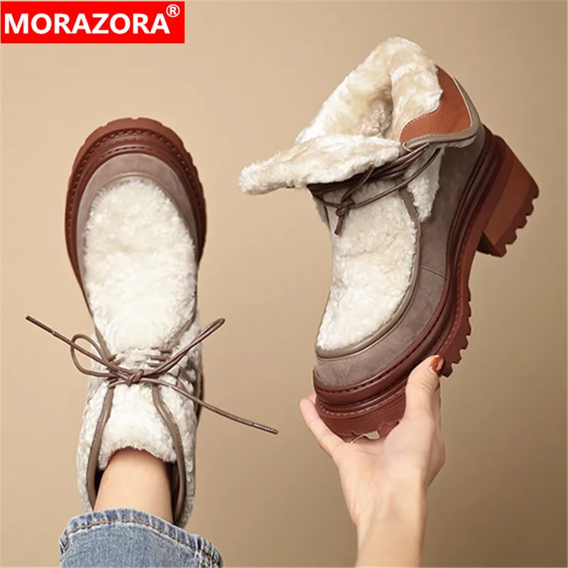 

MORAZORA 2024 New Cow Leather Thick Fur Snow Boots Women Lace Up Wool Blend Winter Boots Fashion Warm Ankle Boots Ladies Shoes