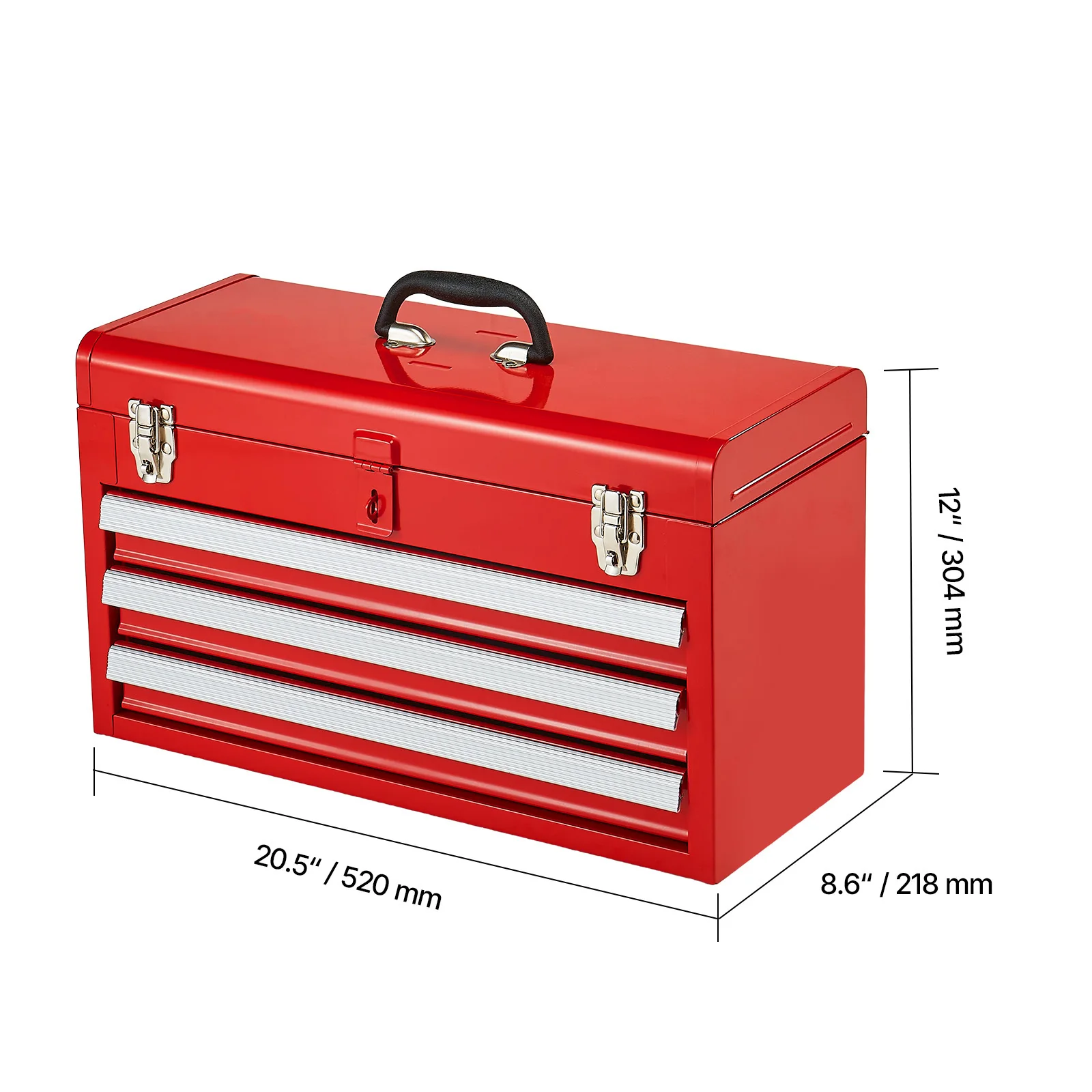 SucceBuy 20 inch metalen gereedschapskist met 3 laden zwart/rood gereedschapskist met EVA-voeringen multifunctionele gereedschapsorganizer voor garage en werkplaats