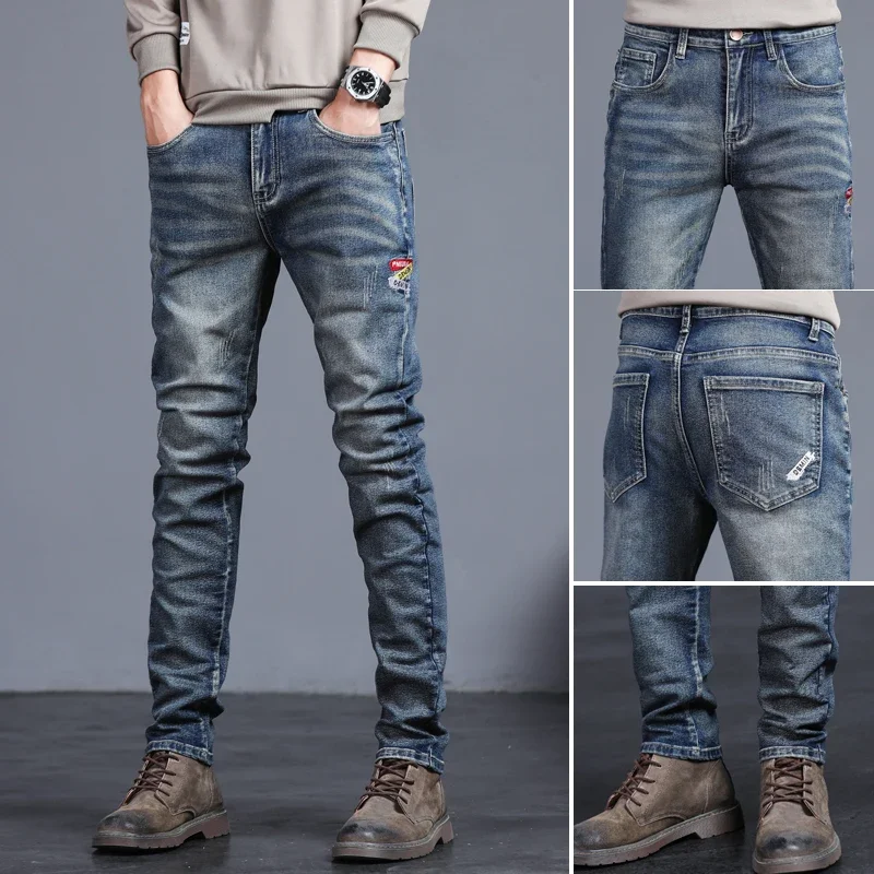 

Embroidered Jeans Men's Autumn Winter New Korean Fashion Slim Little Feet Trousers Stretch Vintage Street Denim Trousers Male