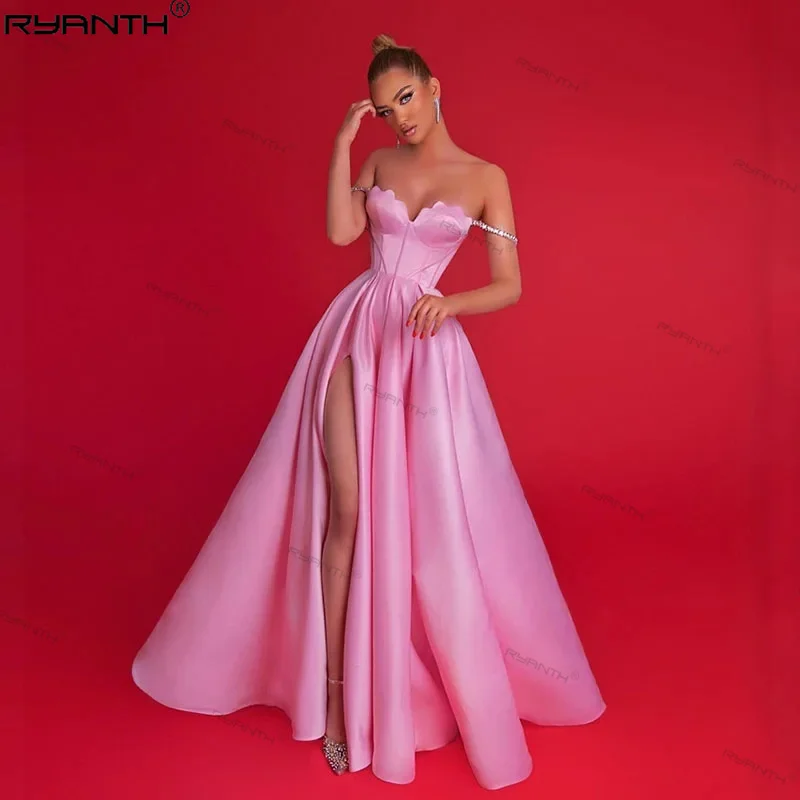 Ryanth-Robes de soirée sans bretelles spaghetti roses, une ligne, robe de Rharabe saoudien, quelle que soit la fente latérale sexy, occasion formelle, 2024