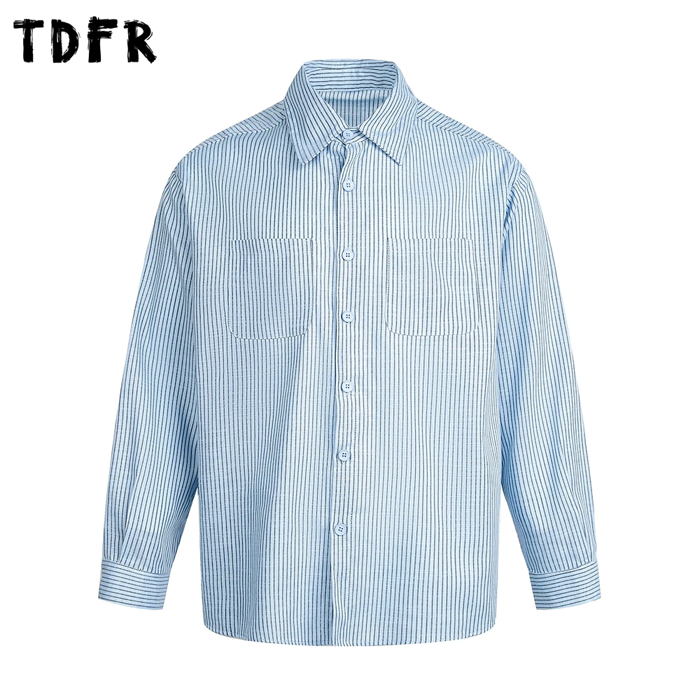 

Pinstripe Long Sleeve Shirts Mens Pocket Spring Retro Casual Loose Single Breasted Lapel Shirts Man