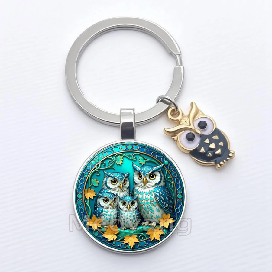2026 Retro Owl Keychain Owl Family Pattern Glass Keychain Gift Wholesale view 4