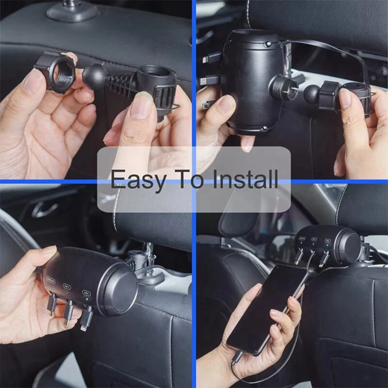 3 In 1 Car Shrinkage Cable Box Charging Cable Box Multi Port Highly Compatible Auto Retract Easy Install Easy To Use