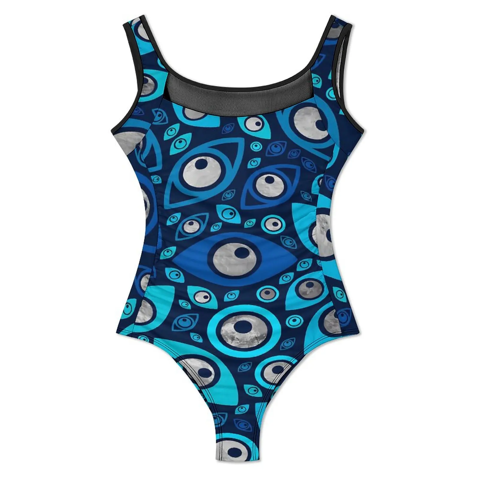 Greek Evil Eye Swimsuit Sexy Blues and Silver Women Swimwear One Piece Trend Swimsuits Holiday Push Up Sleeveless Bathing Suits