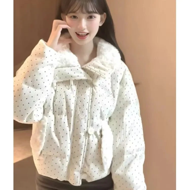 Korean Sweet Dot Pattern down Collar Cotton Jaet Women's Loose Thi Warm ort Bread Sle Autumn Winter Outerwear