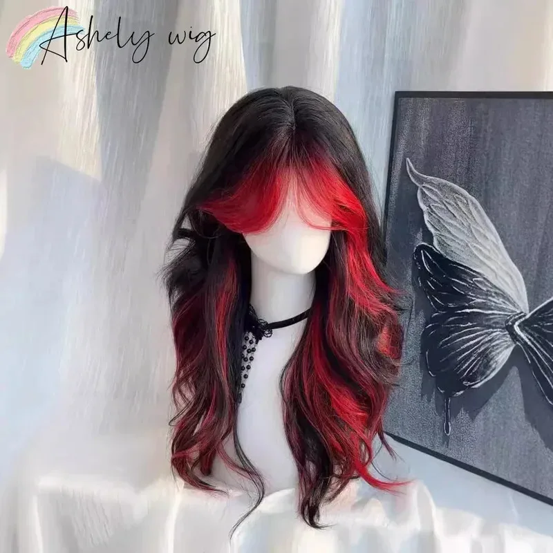 여성용 레드 블랙 옴브레 가발, 긴 웨이브 헤어 가발 21인치 미디엄 Y2K 헤어스타일 로리타 코스프레 데일리용 합성 가발