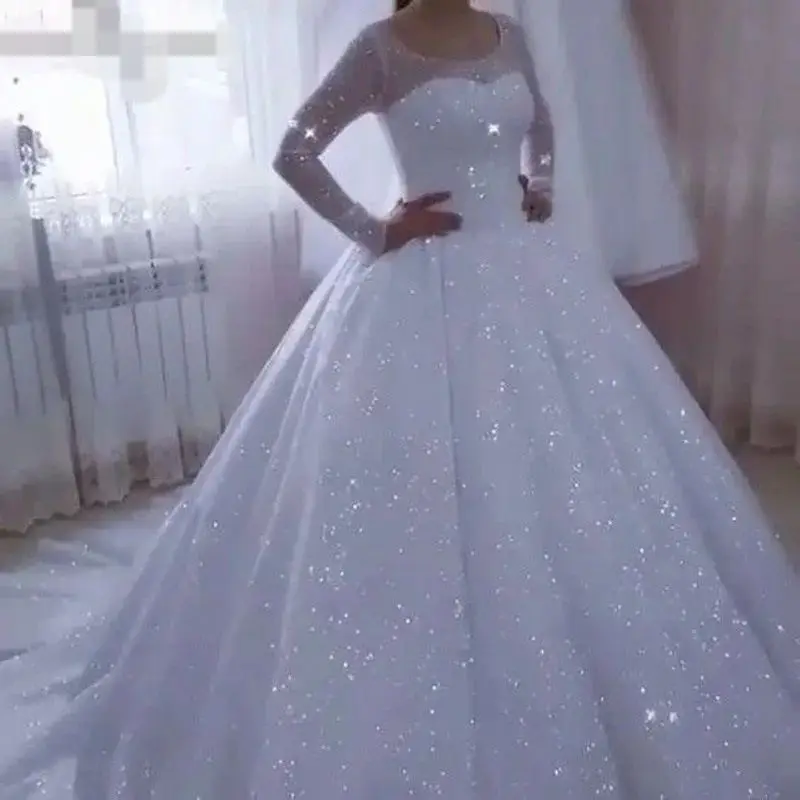 

Classic Scoop Neck Shinny Beads Sequins Ballgown Wedding Dress Robe De Mariée Long Sleeves Plus Size African Bridal Gowns