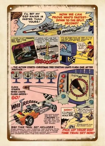 hanging art prints 1970s car toys comic ads racing traction metal tin sign