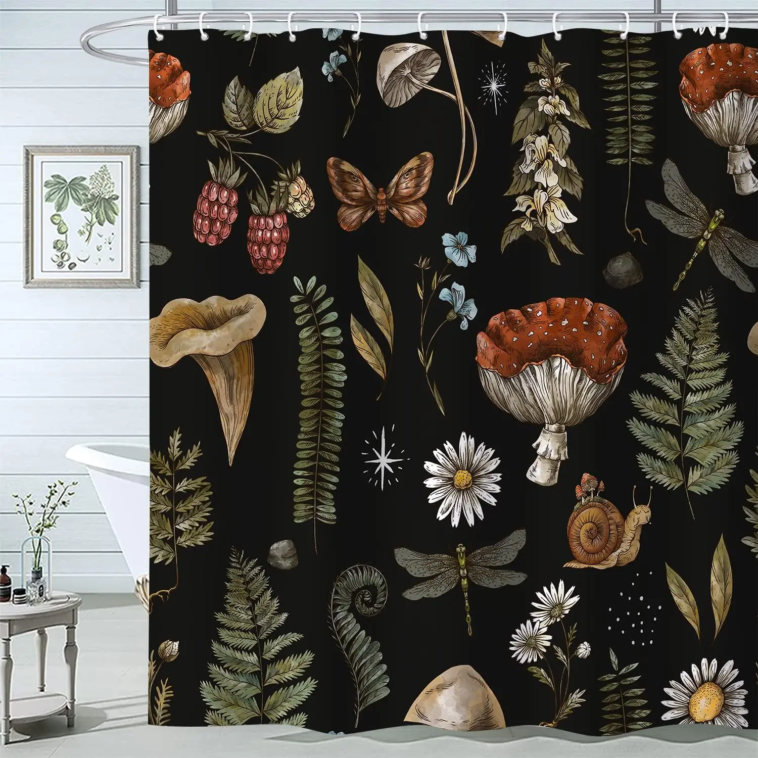 Vintage Mushroom Shower Curtain Flowers Butterfly Plants Forest Animal Green Leaf Bath Curtains Fabric Bathroom Decor with Hooks