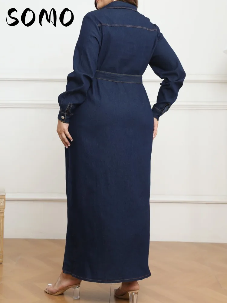 SOMO Plus Size for Women Clothes Denim Long Dress with Belt Button V-neck Long Sleeve 2023 Wash Denim Boho Vintage Dropshipping