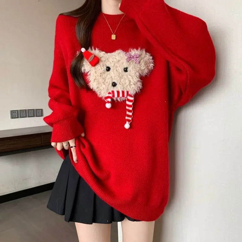 Core sheep new age reduction 2025 puppy lazy red sweater autumn and winter Christmas loose pullover knitted top