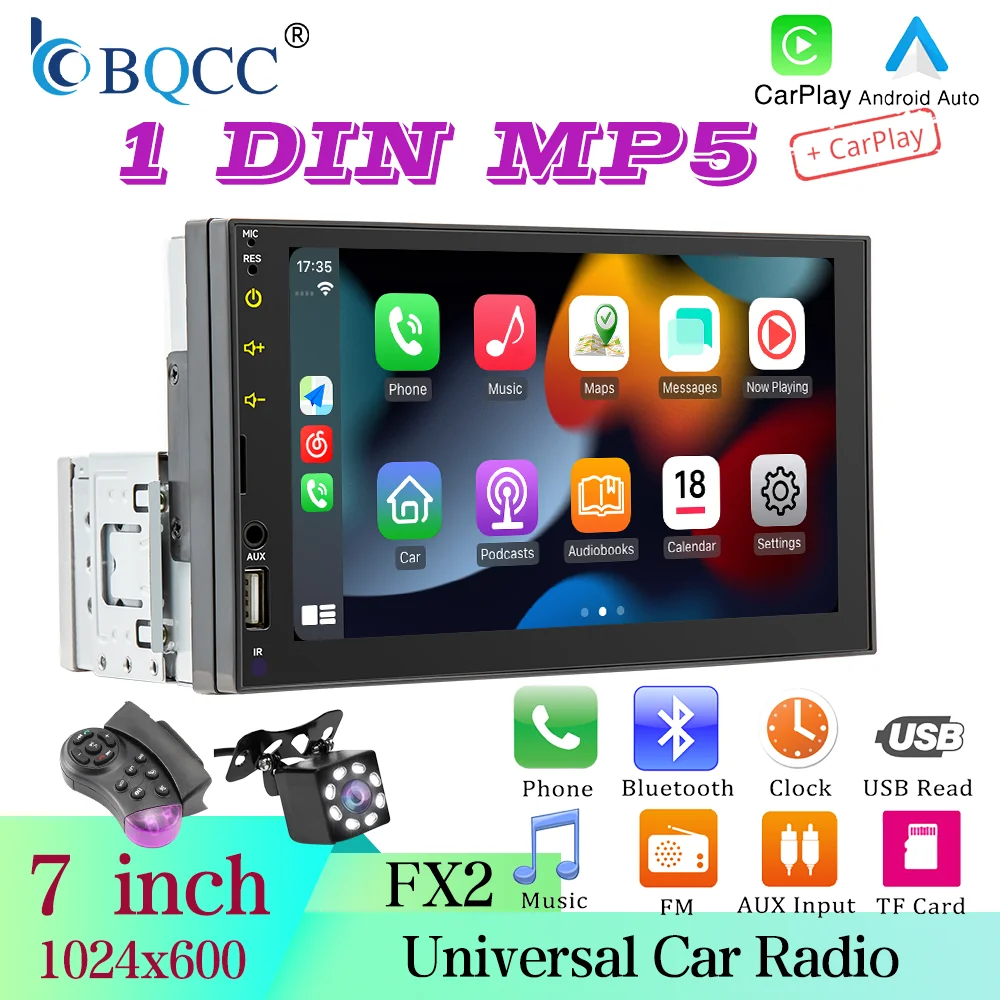 BQCC 1DIN 7'' IPS Car Radio Receiver Wired Carplay Android Auto 7 Color LED Lights Wiring Protection BT FM Stereo Car Multimedia