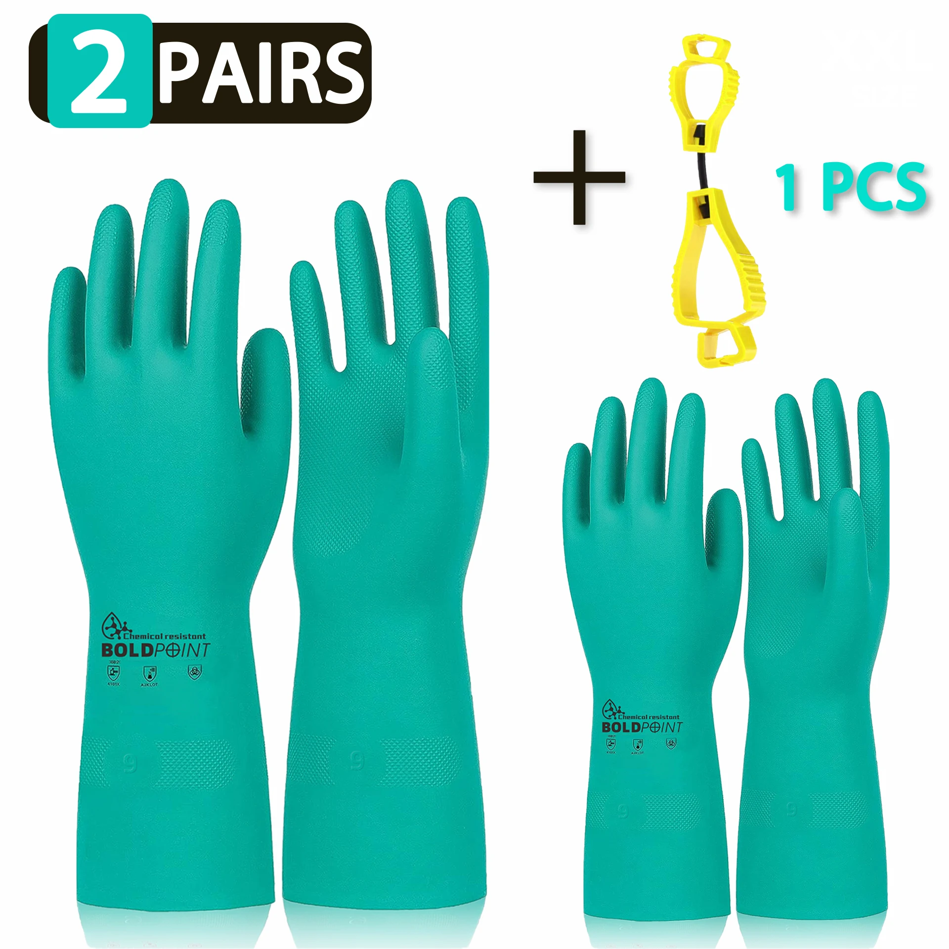 2 Pairs Reusable Nitrile Gloves with Holder - Extra Thick, Long Sleeve, for Home & Garden, Chemical & Latex Free.