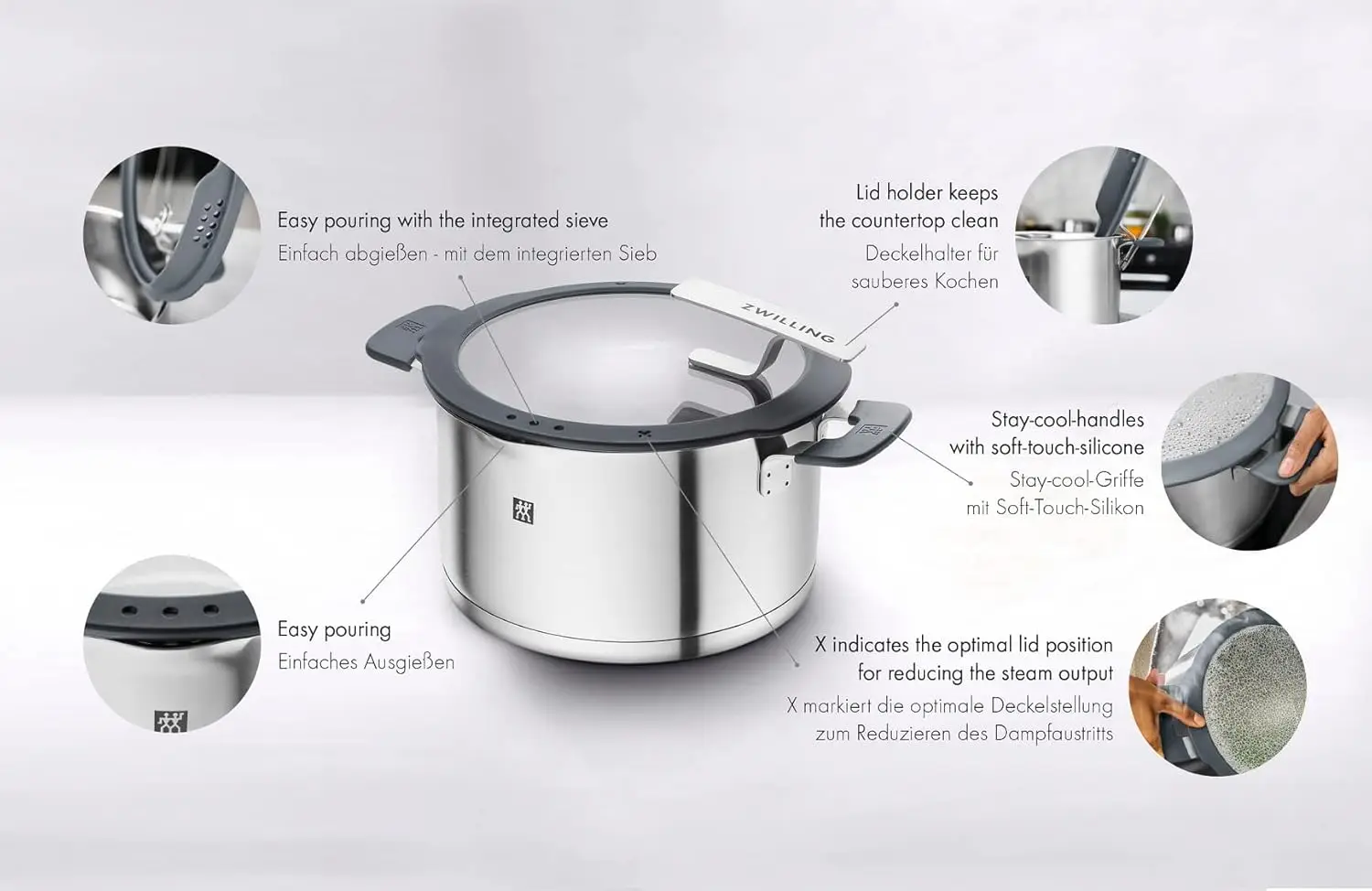 ZWILLING Simplify 9 Piece Premium Stainless Steel Kitchen Cookware Set- Grey Pots Set, Induction Compatible,