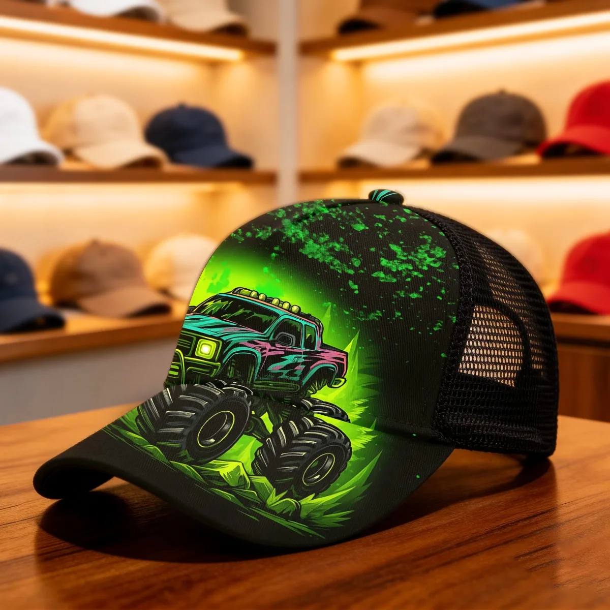 1pc Monster Truck Neon Vibe Adjustable Snapback Cap - Lightweight Breathable Polyester Duckbill Hat with Neon Monster Truck