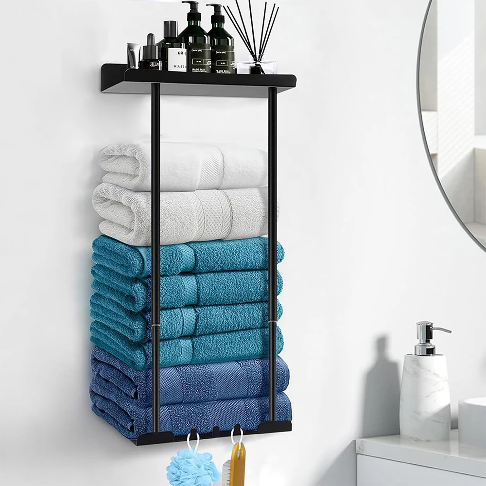 Handtuchhalter aus Kohlenstoffstahl, höhenverstellbar 40–75 cm – Ober- und Untere Ablagen + 3 Haken – rostfreie schwarze Lackierung – 5 kg Tragkraft – 2 Installationsmethoden – Badezimmer, Wohnmobil,