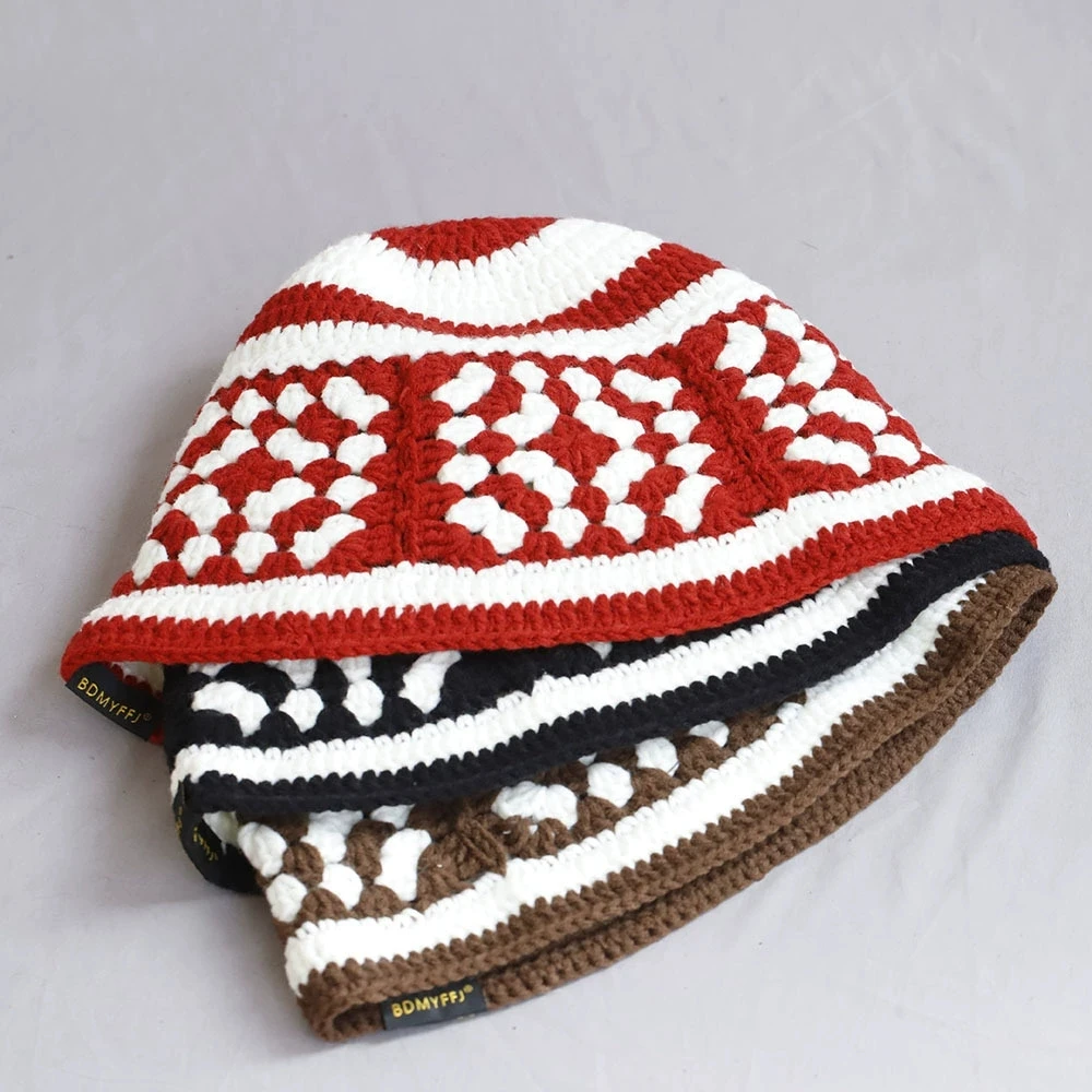 2026 Women Ethnic Style Crochet Hollow Knit Fisherman Hat Fashion Two-tone Bucket Hat