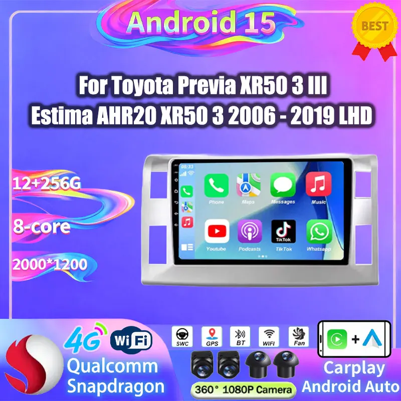Android 15 For Toyota Previa Estima 2006-2019 Car Radio Wireless Carplay Android Auto 4G+5G WIFI Octa Core DTS 2din Head Unit BT