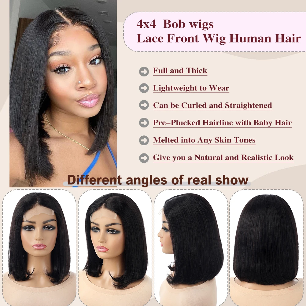 Bob Wig Straight 4x4 Frontal Lace Human Hair Wig 180% Density Transparent Lace Front Human Hair Pre Plucked  Bob Wigs for Women