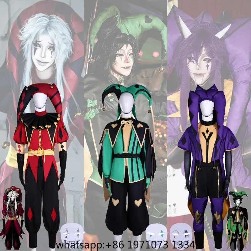 Hot The Freak Circus Pierrot Jester Harlequin Cosplay Costume Adult Clown Top Pant Wigs Joker Uniform Halloween Costume Carnival