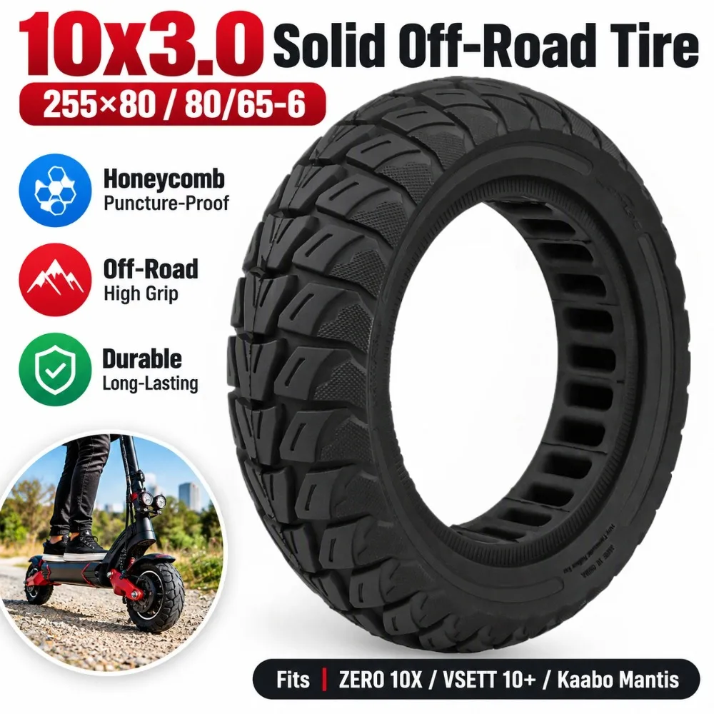 10x3.0 (255*80 80/65-6)Solid Off-Road Tire for ZERO 10X VSETT 10+ Kaabo Mantis,Honeycomb Puncture Proof Scooter Tire Replacement