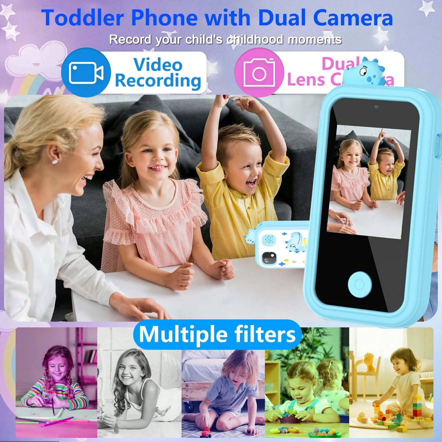 Fonctionnement sur écran tactile pour téléphone pour enfants, caméra 48MP, prend en charge l'enregistrement vidéo HD 1080P équipé d'une carte mémoire de 64 Go et une lecture de carte