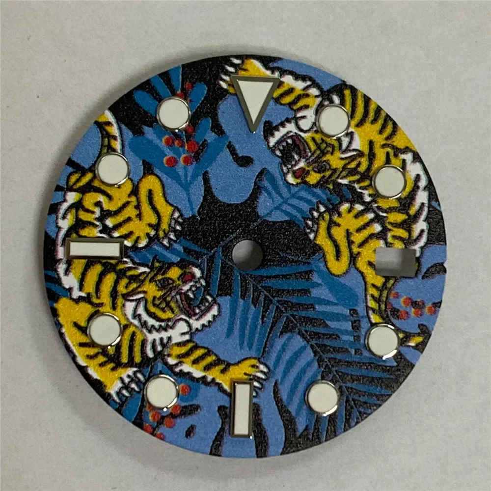 Cartoon Tiger Pattern Watch Dial 28.5mm Green Luminous Watch Dial for SKX007 NH35/NH36 Watch Movement Part NEW DIY