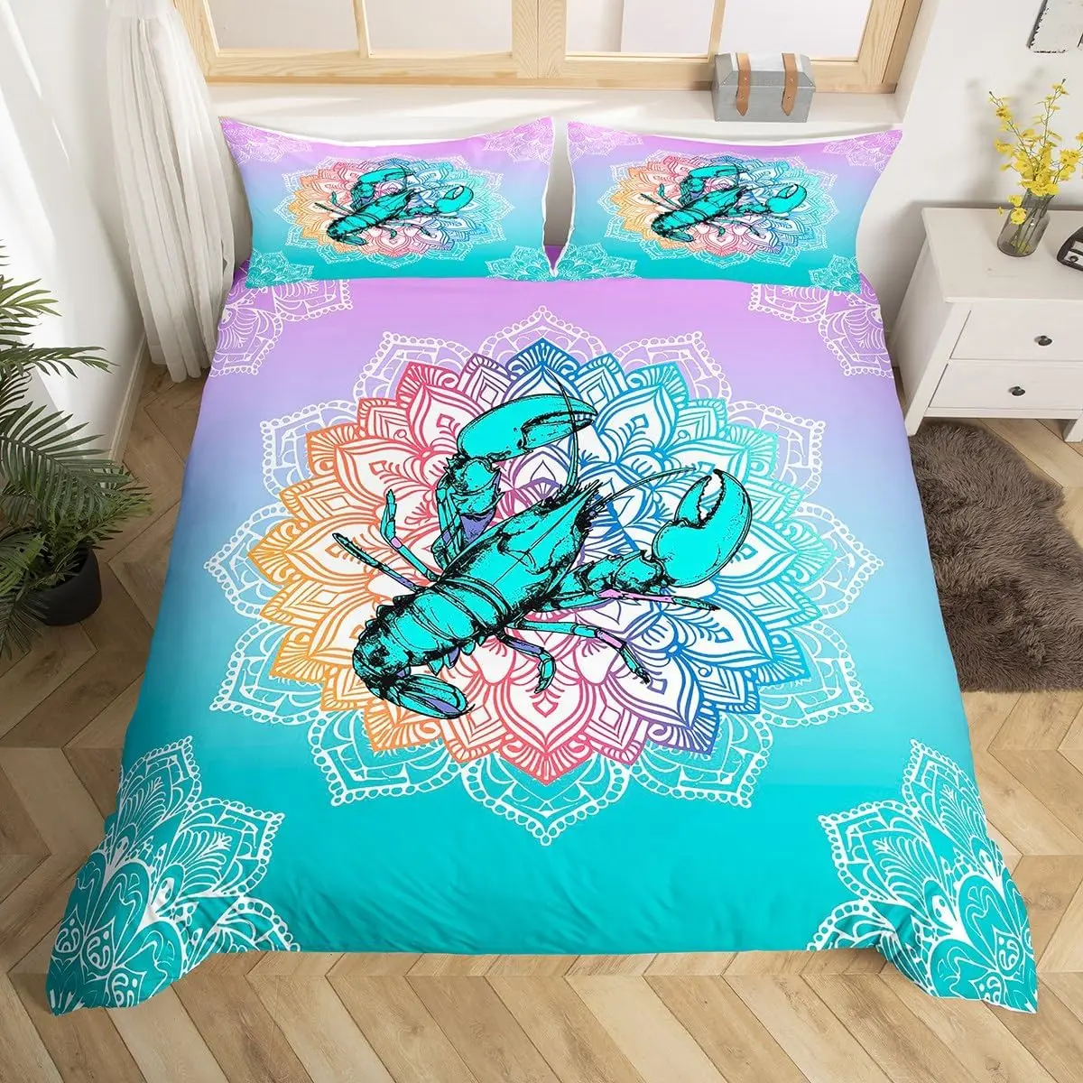 

Пододеяльник с изображением лобстера, размер Twin Queen, комплект постельного белья с цветком в стиле бохо для детей, мальчиков и девочек, красочный пододеяльник с изображением мандалы, океанских животных