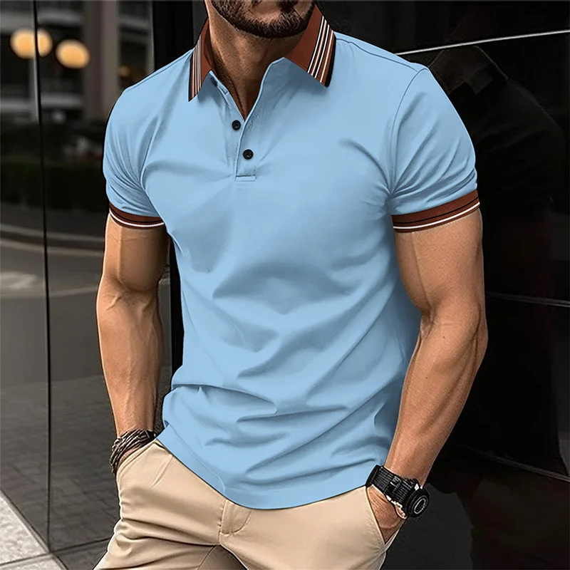 Men's Casual Polo Shirt with Color Block Collar Short Sleeve Fashion Button Design for Daily Commute