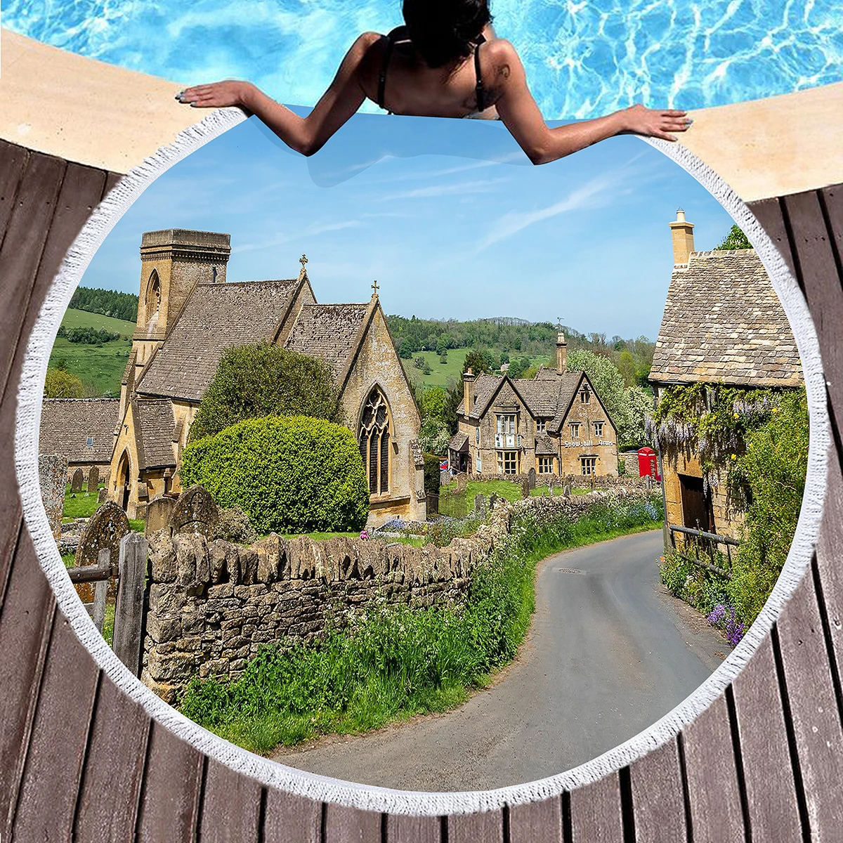 Round Beach Towel,English Country Town Polyester Sand Resistant Shawl Beach Blanket,Absorbent Quick Dry Pool Towel Picnic Mat