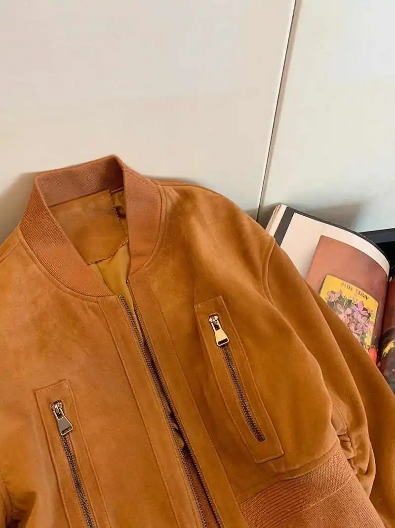 المرأة البرتقال الخريف سترة من جلد الغزال معطف Vintage Harajuku الجمالية طويلة الأكمام موستانج البيسبول سترة ملابس خارجية 2000s الملابس