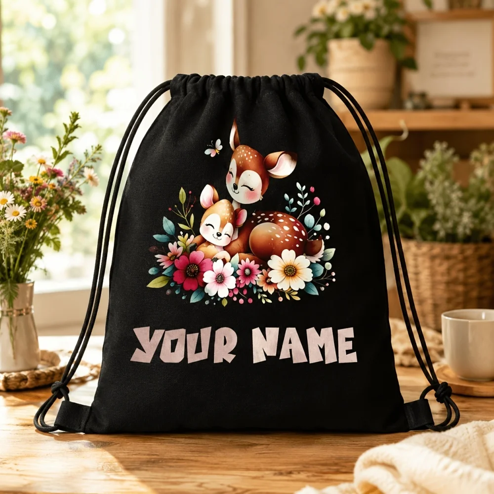 Custom Deer Floral Drawstring Backpack, Personalized Name Soft Washable Drawstring Sack Bag, Lightweight Storage Bag for Kids