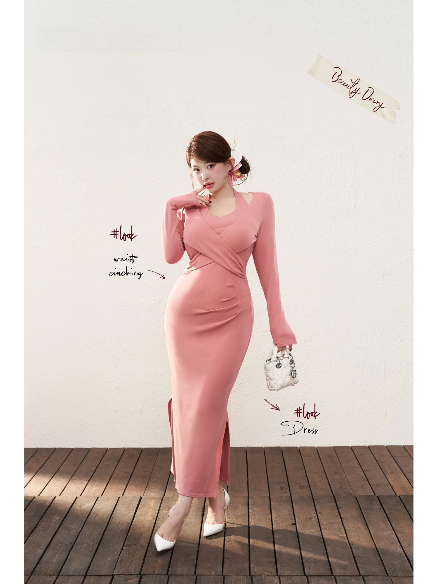 Saia Midi Ultra-Pink Ajustada para Uso Interno, Elegante e Justa, Manga Longa, Slim Fit, Outono Inverno, Feminina