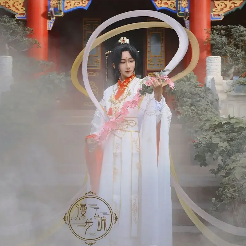 Bênção oficial do céu Xie Lian Cosplay traje para homens e mulheres, Tian Guan Ci Fu, Príncipe Herdeiro Cos Top e perucas, roupas brancas Han Fu