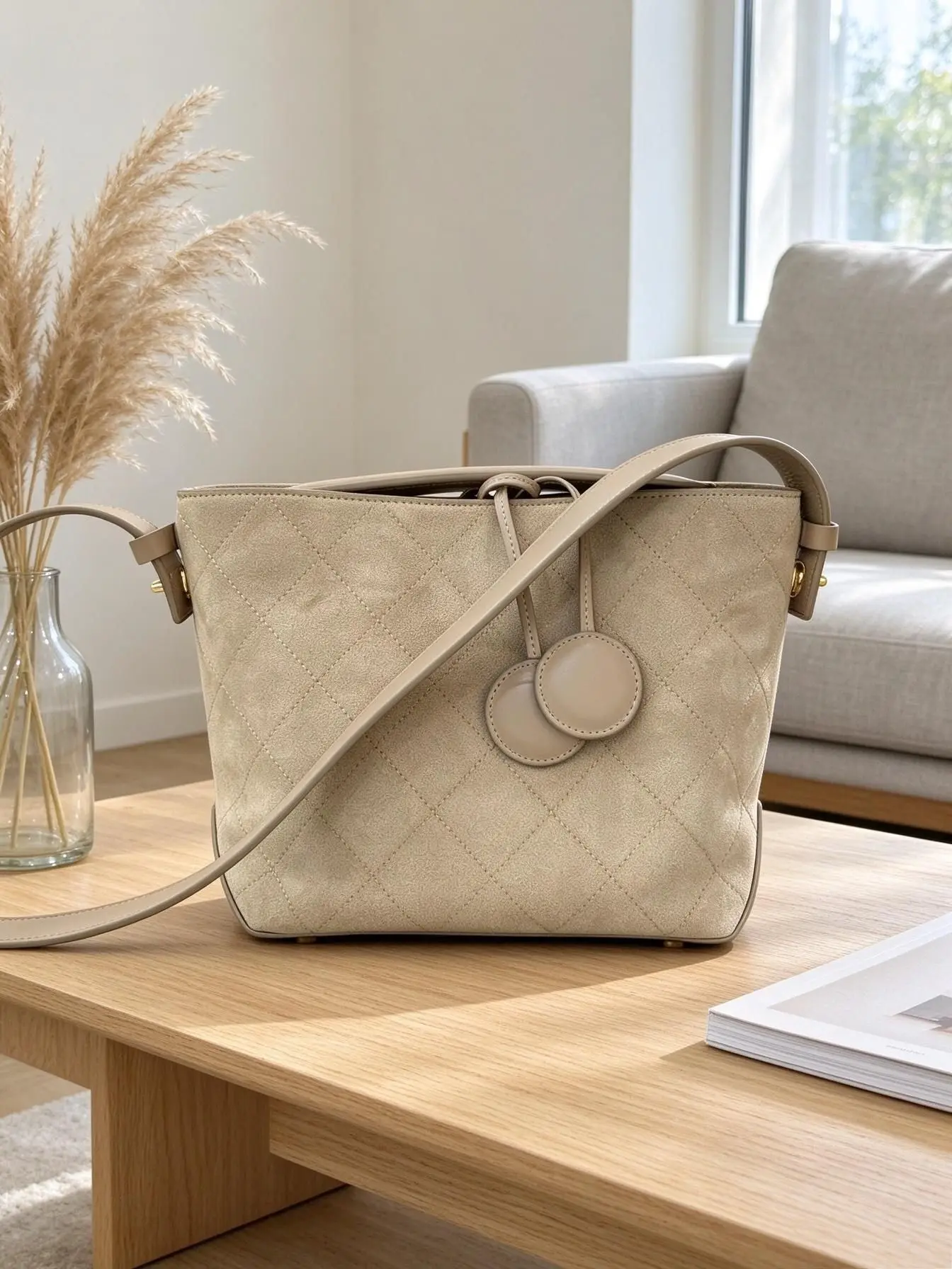 Women Minimalist Quilted Suede Bucket Bag Apricot Color Adjustable Wide Leather Strap Casual Shoulder Purse
