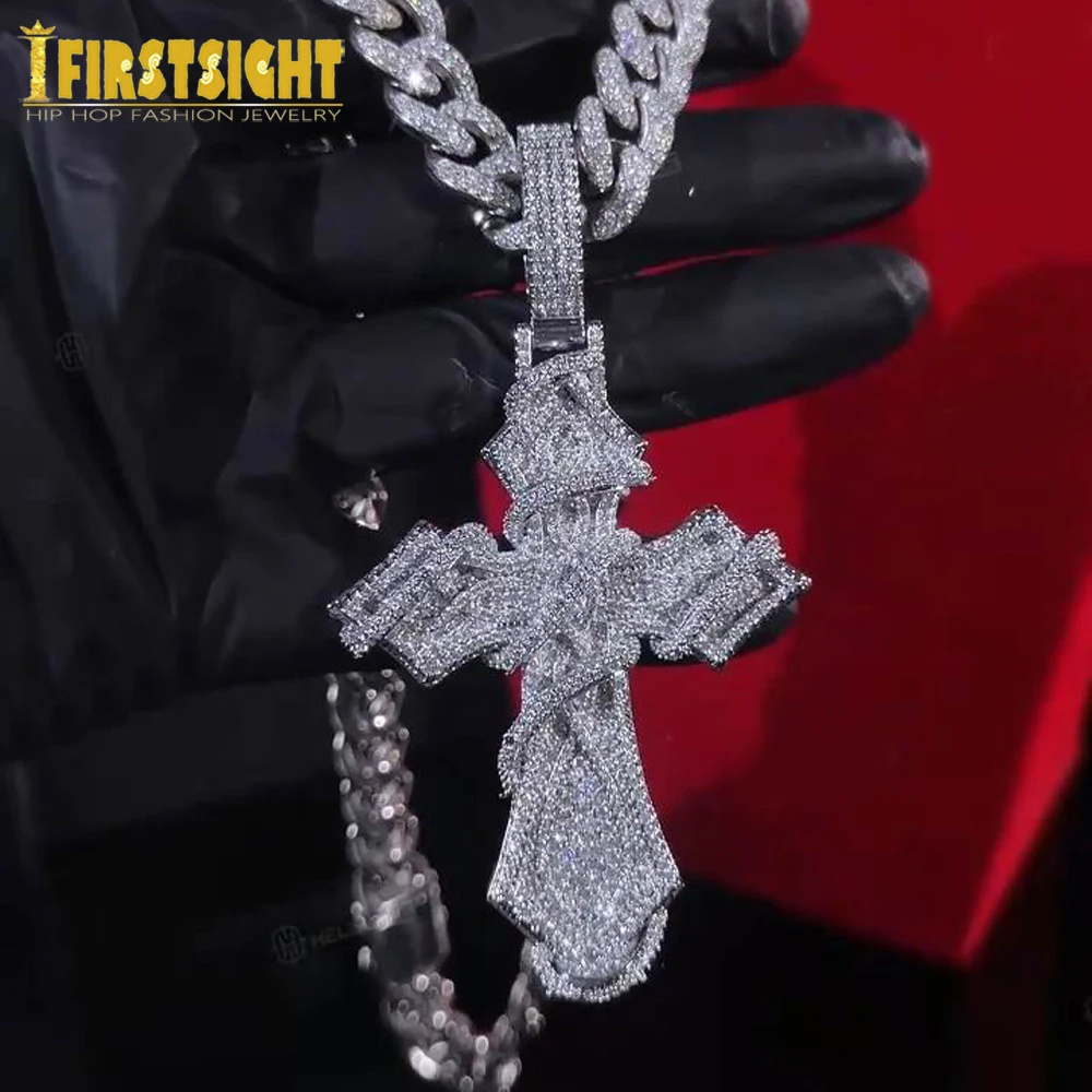 2025 neue Iced Out Stacheldraht gewickelt Kreuz Anhänger Halskette Silber Farbe Zirkonia CZ Charme für Männer Hip Hop Schmuck