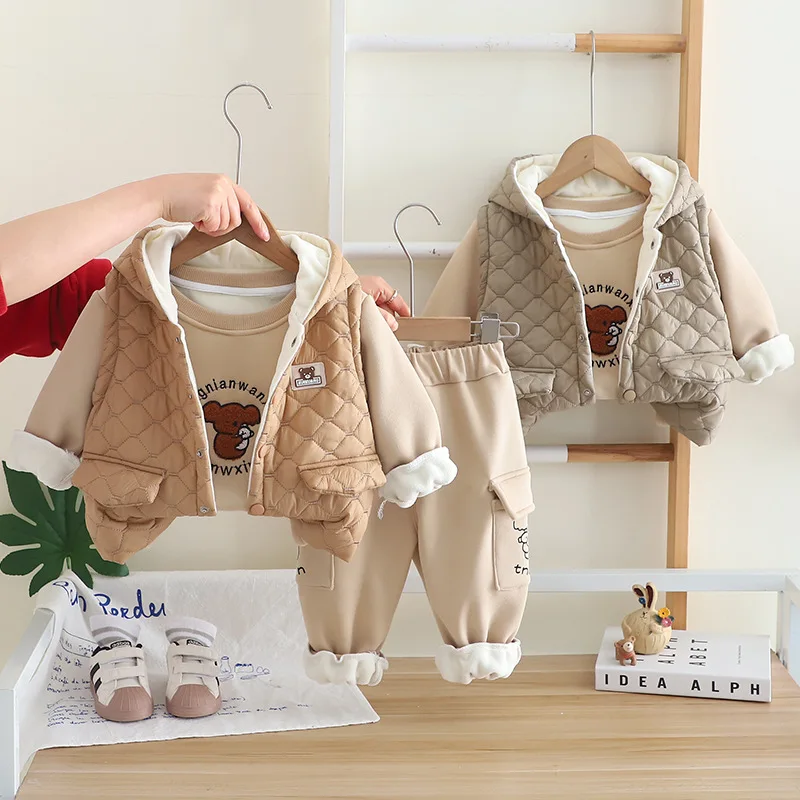 

Winter Boys' Thickened 3-Piece Set Toddler Cold Weather Hooded Jacket Vest Sweatshirt Pants Insulated Warm Fashion Cotton Fleece