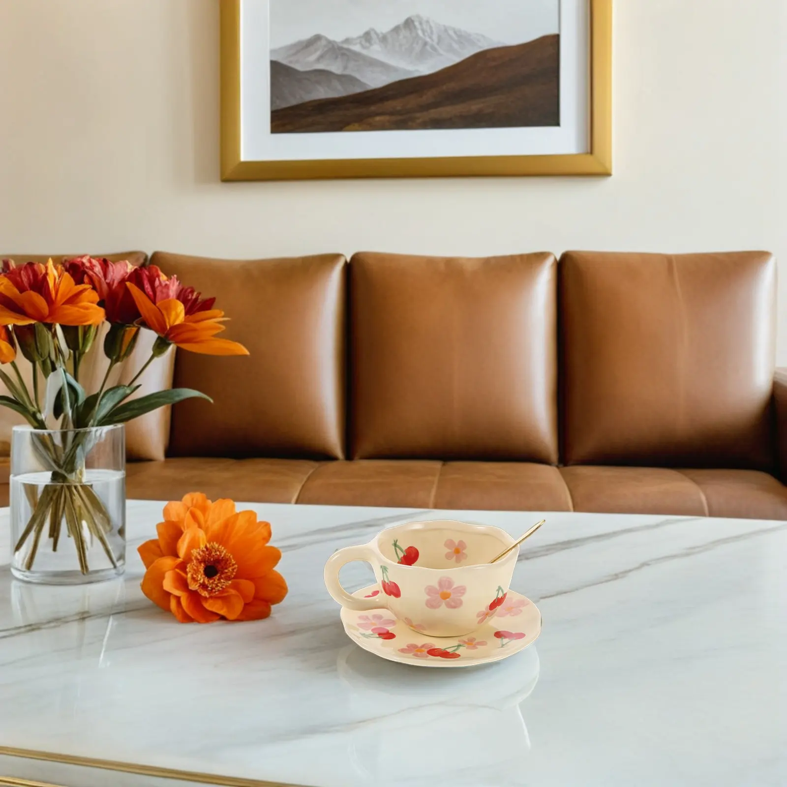 

1Set Floral Ceramic Coffee Mug Set with Saucer Spoon Elegant Tea Cup for Espresso Latte Creative Bone China Cup Smooth Glaze