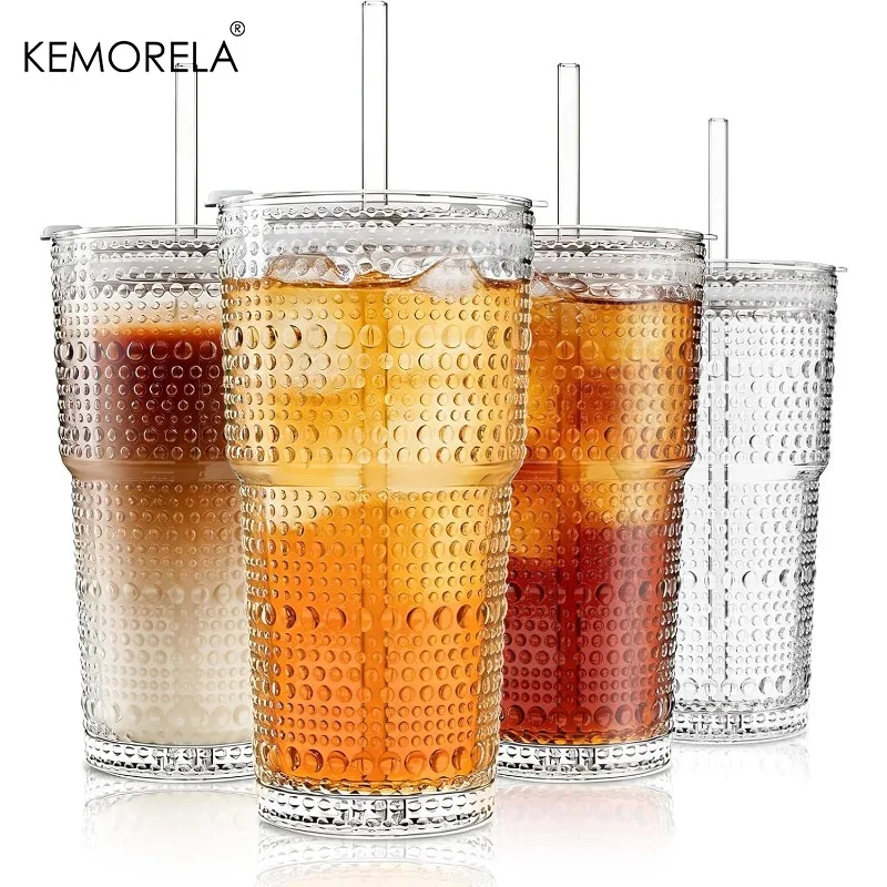 

600ML Hobnail Glass Cups with Lids and Glass Straws 4PCS Thick-Walled Glass Tumblers for Iced Coffee Smoothies Milk Water Juice