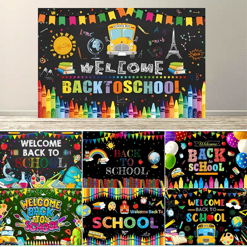 Dewprint Welcome Back To School Backdrop Blackboard Crayon School Bus Rainbow First Day Class Party Banner Decor Supplies