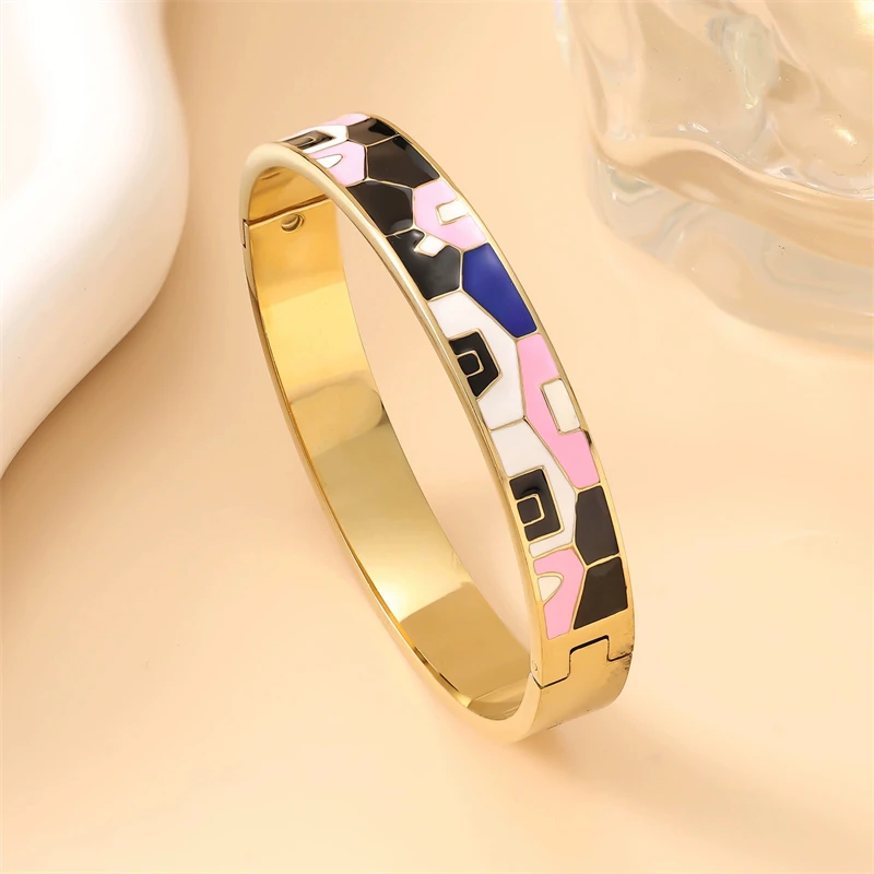 سوار زيت نازف المينا الرائع للنساء، أنماط هندسية حديثة، سوار من الفولاذ المقاوم للصدأ عالي الجودة، هدية مجوهرات