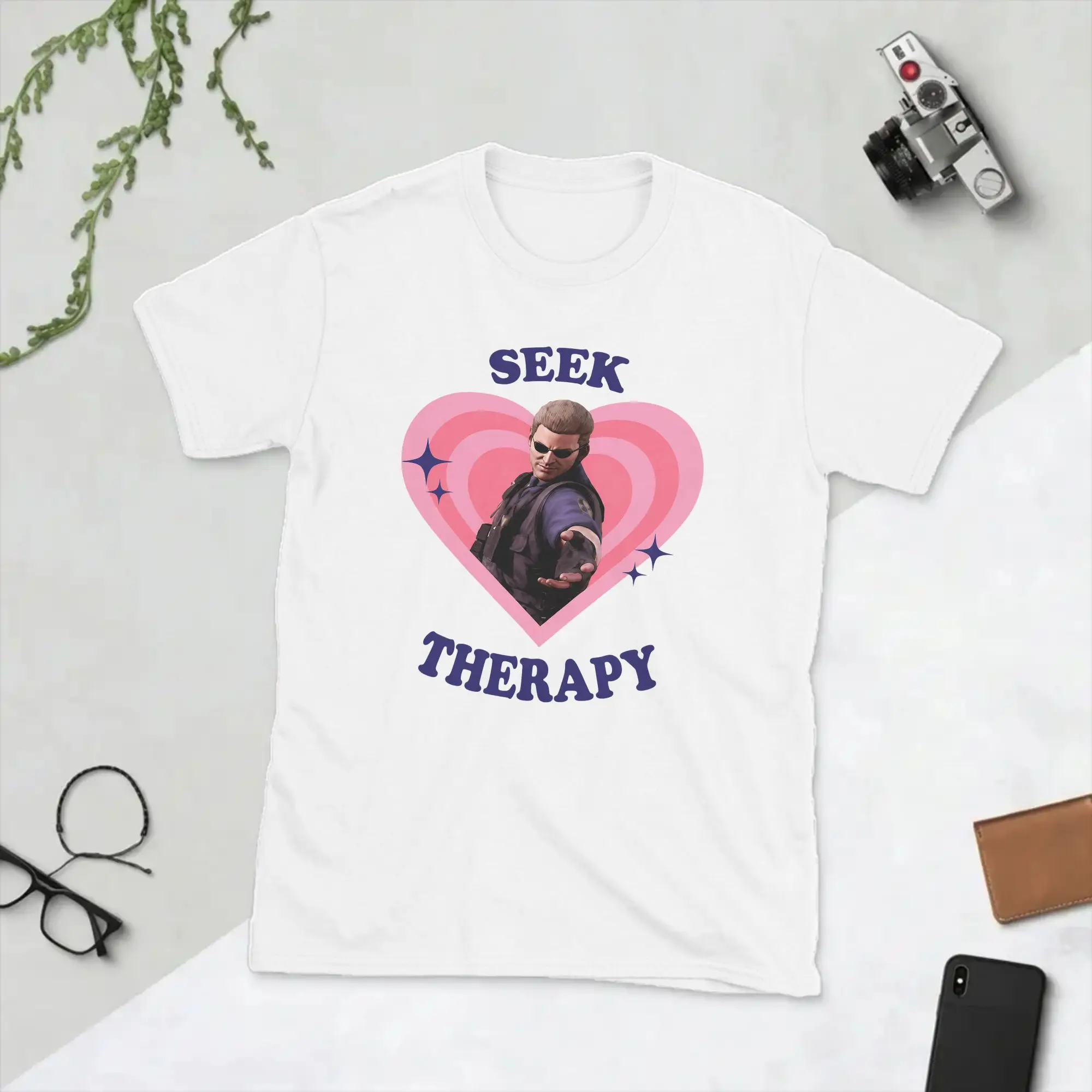 Men Albert Wesker Seek Therapy T Shirt  Pure Cotton Clothing Cool Short Sleeve Crewneck Tee Shirt Big Size T-Shirts
