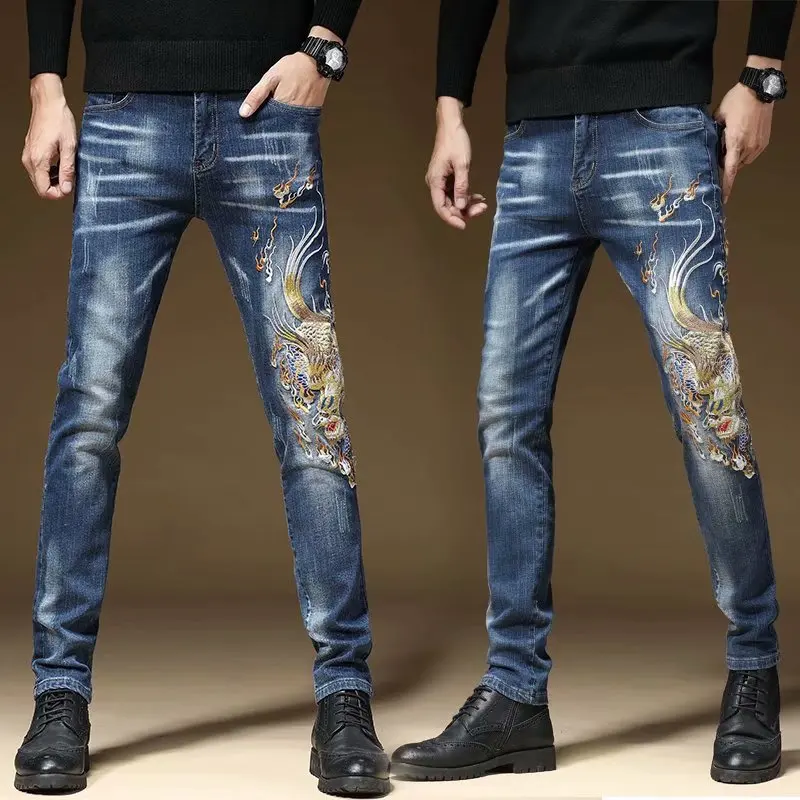 High-End Ethnic Style Embroidered Jeans Men's Spring Autumn New Trend Elastic Versatile Slim Fit Long Pants Casual Wear