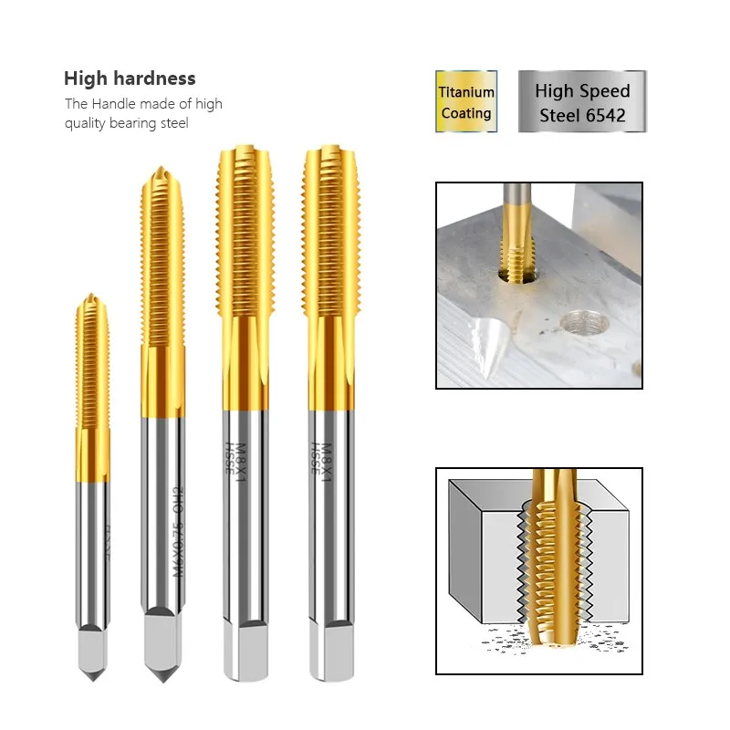 M1-M10 Screw Tap HSS 6542 Titanium Coated Machine Plug Tap Metric Straight Flute Thread Tap Hand Tools