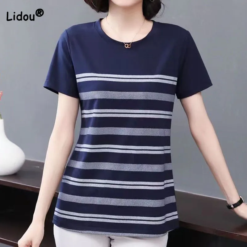 

Fashion Commute Striped Printing O-Neck Female Tops Summer Women's Clothing Korean All-match Short Sleeve Patchwork T-shirt