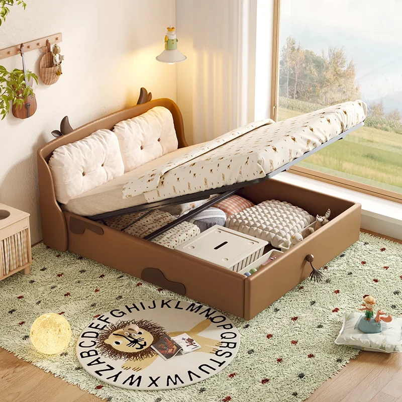 Children's bed Storage high box Boys Children Girls Princess bed with guardrail Air pressure white